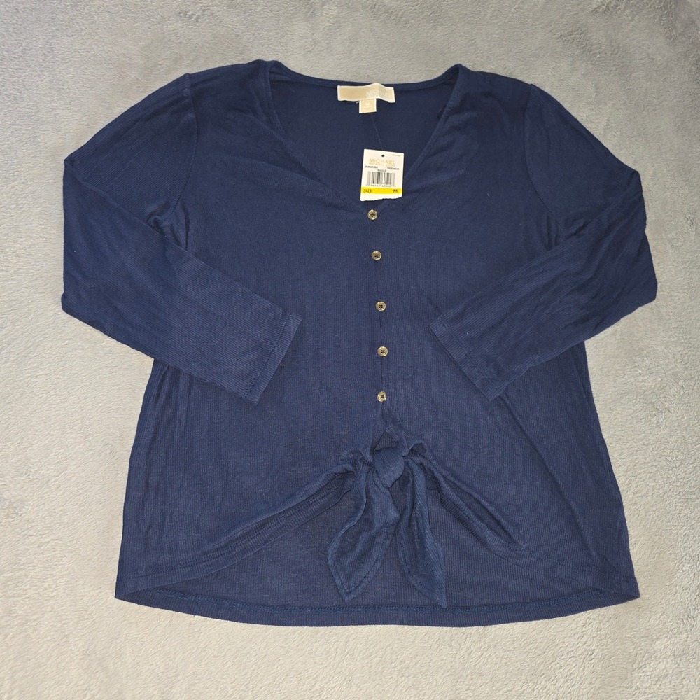 Michael Kors Navy Ribbed Tie‎ Front Button Top Womens Size Medium NWT New